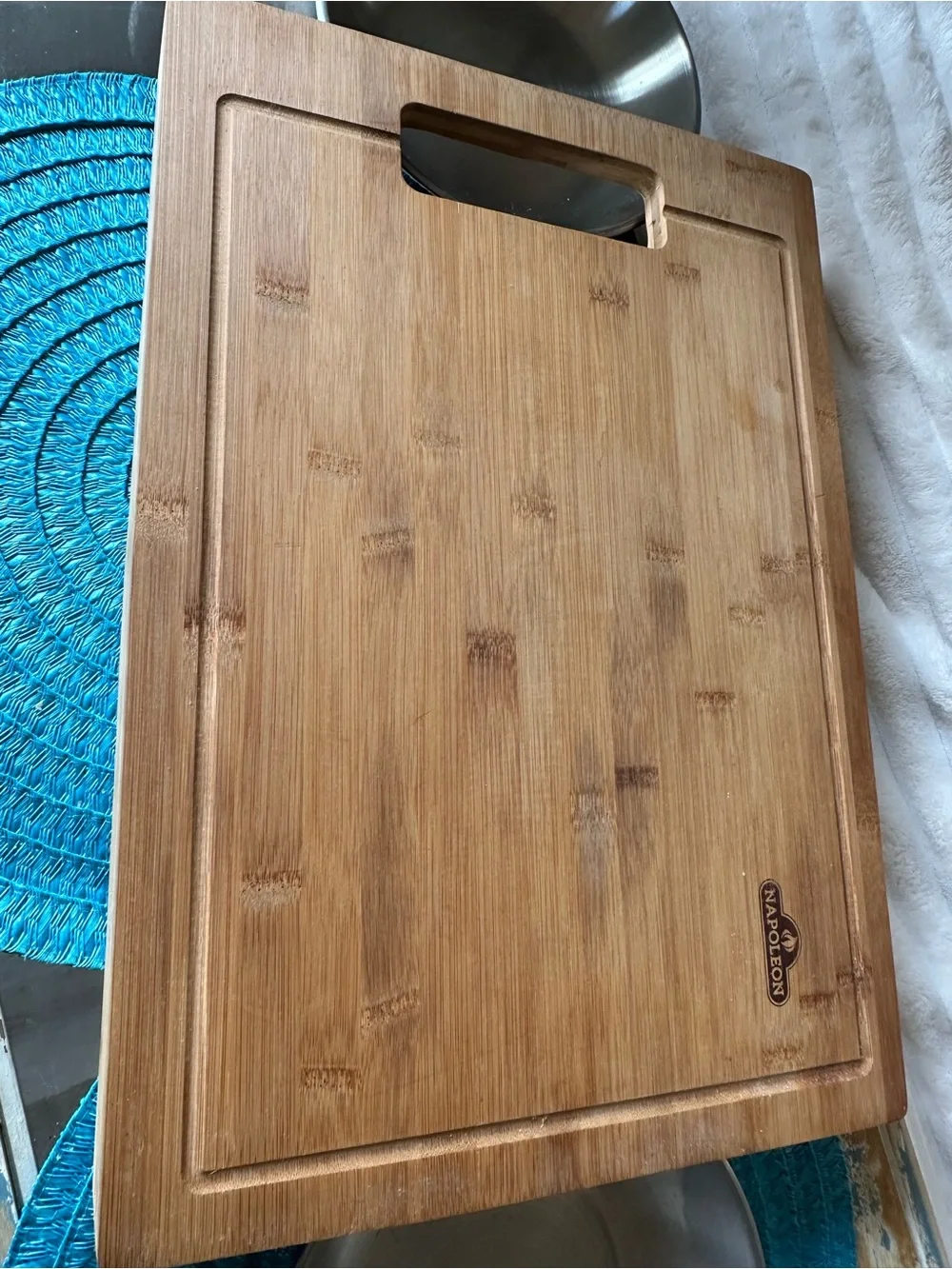 Napolean Bamboo Cutting Board with Removable Stainless Steel Bowls NWOT